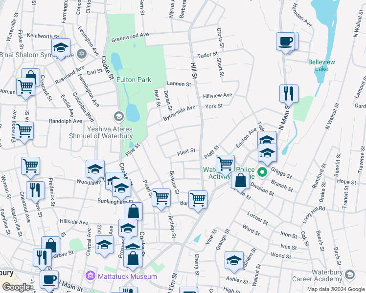 map of restaurants, bars, coffee shops, grocery stores, and more near 12 North Barnes Street in Waterbury