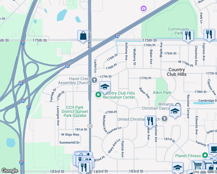 map of restaurants, bars, coffee shops, grocery stores, and more near 17740 Rosewood Terrace in Country Club Hills