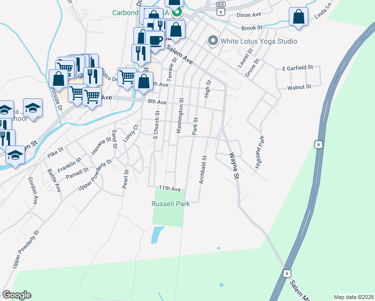 map of restaurants, bars, coffee shops, grocery stores, and more near 145 Park St in Carbondale