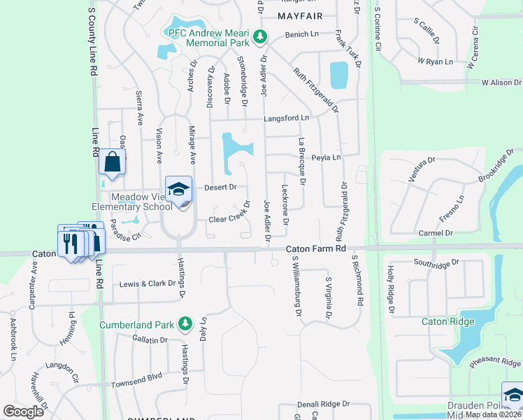 map of restaurants, bars, coffee shops, grocery stores, and more near 2500 Clear Creek Drive in Plainfield