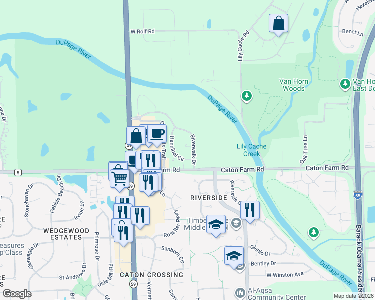 map of restaurants, bars, coffee shops, grocery stores, and more near 4604 Twain Court in Plainfield