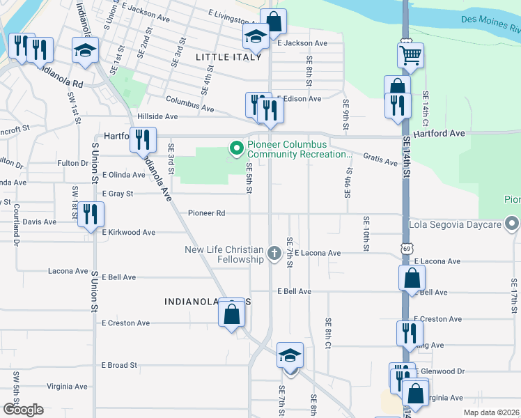 map of restaurants, bars, coffee shops, grocery stores, and more near 519 Pioneer Road in Des Moines