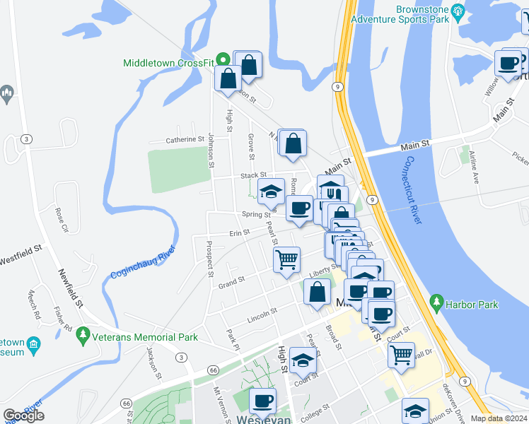 map of restaurants, bars, coffee shops, grocery stores, and more near 76 Spring Street in Middletown