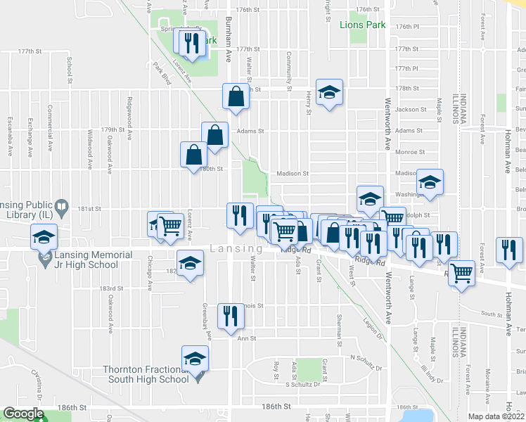 map of restaurants, bars, coffee shops, grocery stores, and more near 18104 Roy St in Lansing