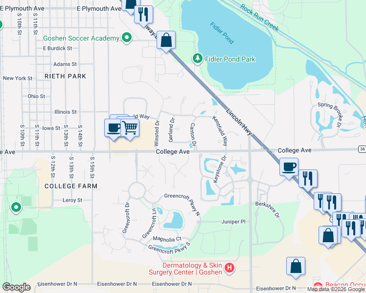 map of restaurants, bars, coffee shops, grocery stores, and more near 1704 Garland Dr in Goshen