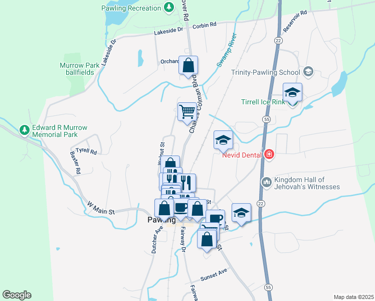 map of restaurants, bars, coffee shops, grocery stores, and more near 115 Charles Colman Boulevard in Pawling