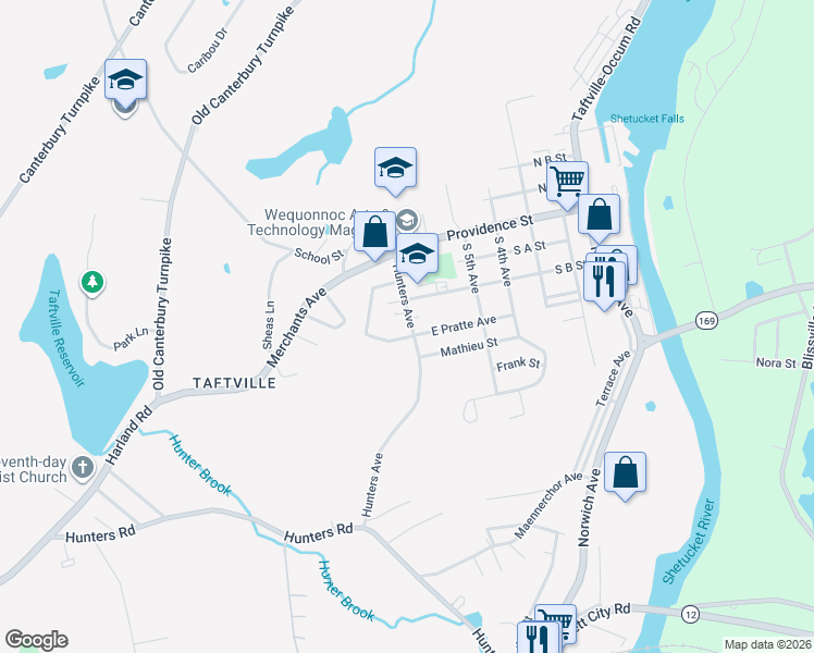 map of restaurants, bars, coffee shops, grocery stores, and more near 50 Hunters Avenue in Norwich