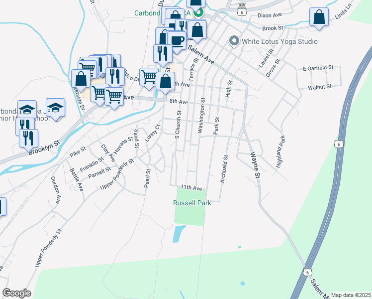 map of restaurants, bars, coffee shops, grocery stores, and more near 198 Terrace Street in Carbondale