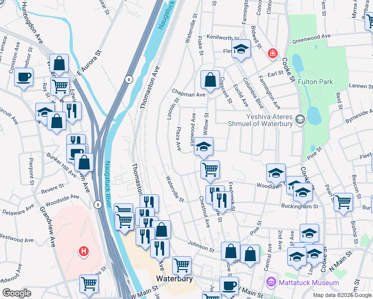 map of restaurants, bars, coffee shops, grocery stores, and more near in Waterbury