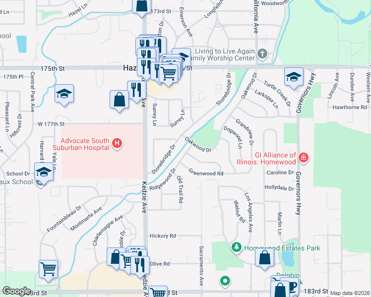 map of restaurants, bars, coffee shops, grocery stores, and more near 17723 Stonebridge Drive in Hazel Crest