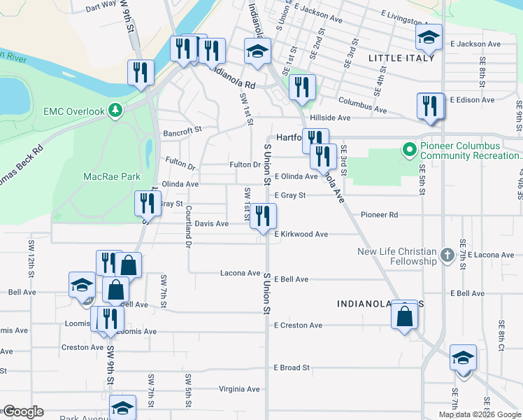 map of restaurants, bars, coffee shops, grocery stores, and more near 2216 S Union St in Des Moines