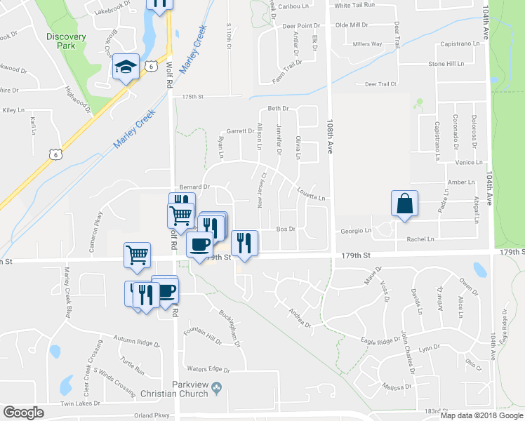 map of restaurants, bars, coffee shops, grocery stores, and more near 17754 New Hampshire Court in Orland Park