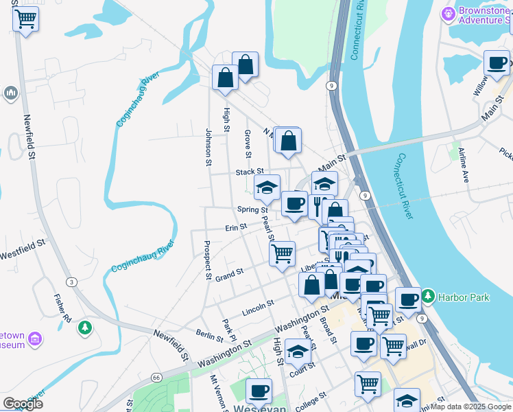map of restaurants, bars, coffee shops, grocery stores, and more near 82 Spring Street in Middletown