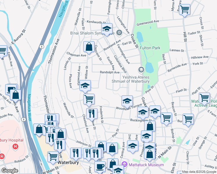map of restaurants, bars, coffee shops, grocery stores, and more near 86 Cables Avenue in Waterbury