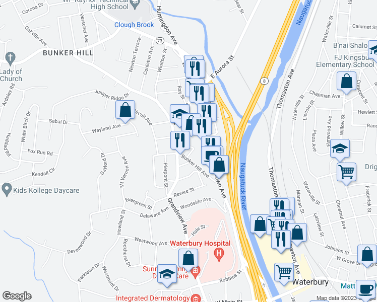 map of restaurants, bars, coffee shops, grocery stores, and more near 24 Tremont Street in Waterbury