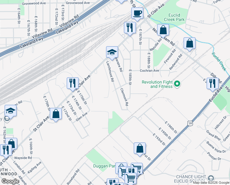 map of restaurants, bars, coffee shops, grocery stores, and more near 1486 Larchmont Road in Cleveland