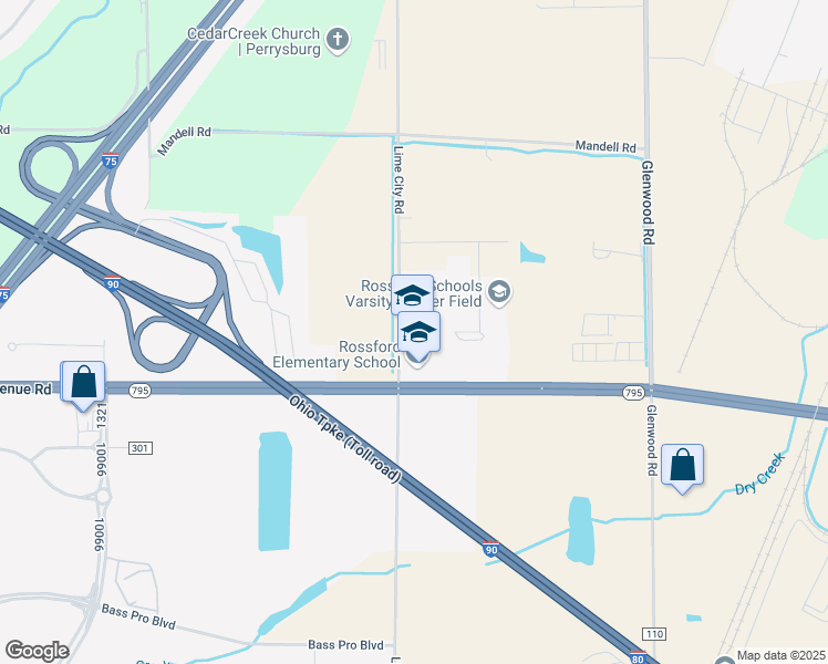 map of restaurants, bars, coffee shops, grocery stores, and more near 8950 Avenue Road in Perrysburg