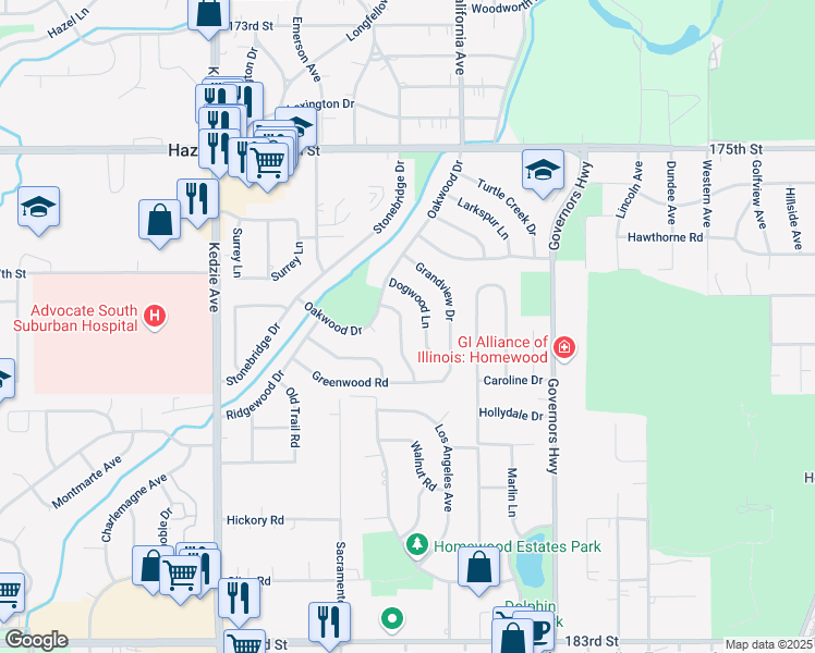 map of restaurants, bars, coffee shops, grocery stores, and more near 17711 Pebblewood Lane in Hazel Crest
