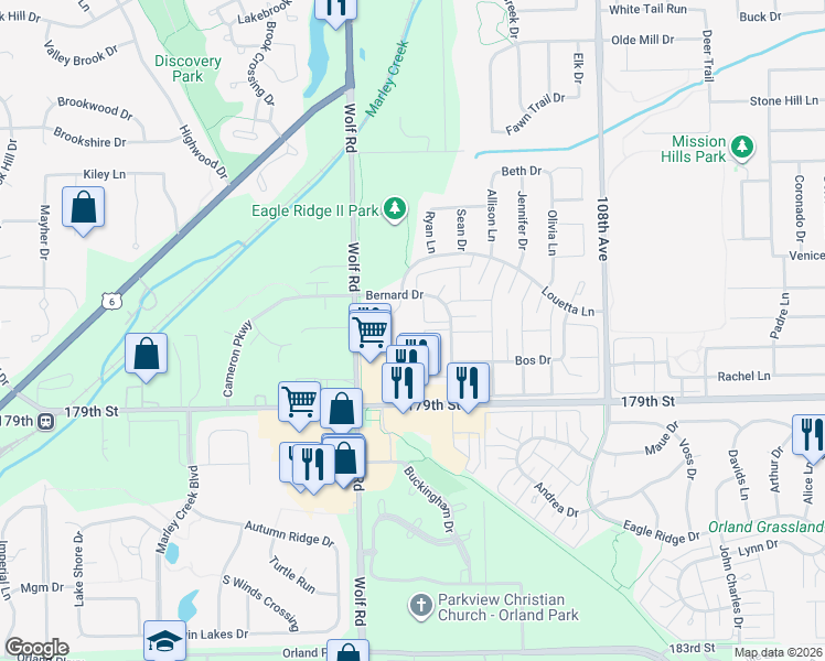 map of restaurants, bars, coffee shops, grocery stores, and more near 11117 Wisconsin Court in Orland Park