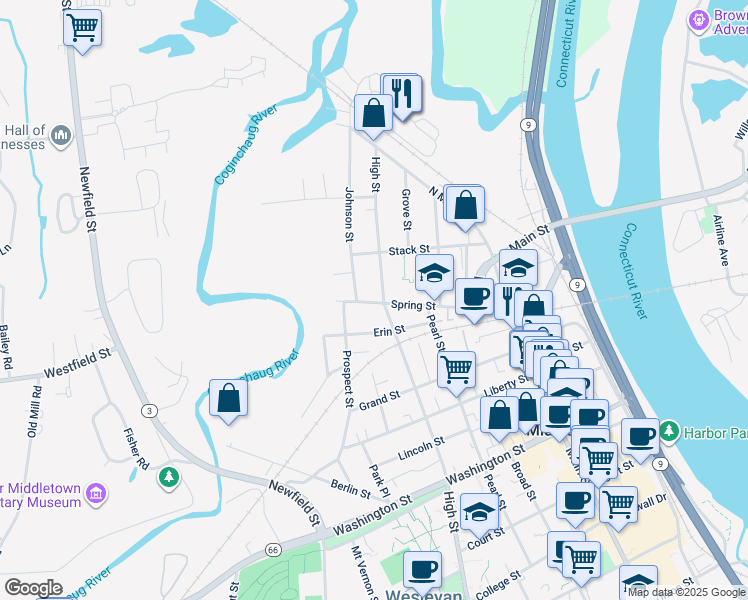 map of restaurants, bars, coffee shops, grocery stores, and more near 114 Spring Street in Middletown