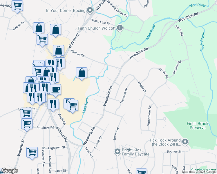 map of restaurants, bars, coffee shops, grocery stores, and more near 809 Woodtick Road in Waterbury