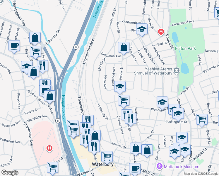 map of restaurants, bars, coffee shops, grocery stores, and more near in Waterbury