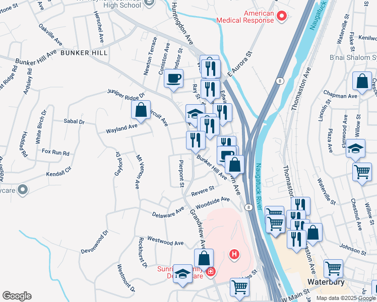 map of restaurants, bars, coffee shops, grocery stores, and more near 10 Woodruff Street in Waterbury
