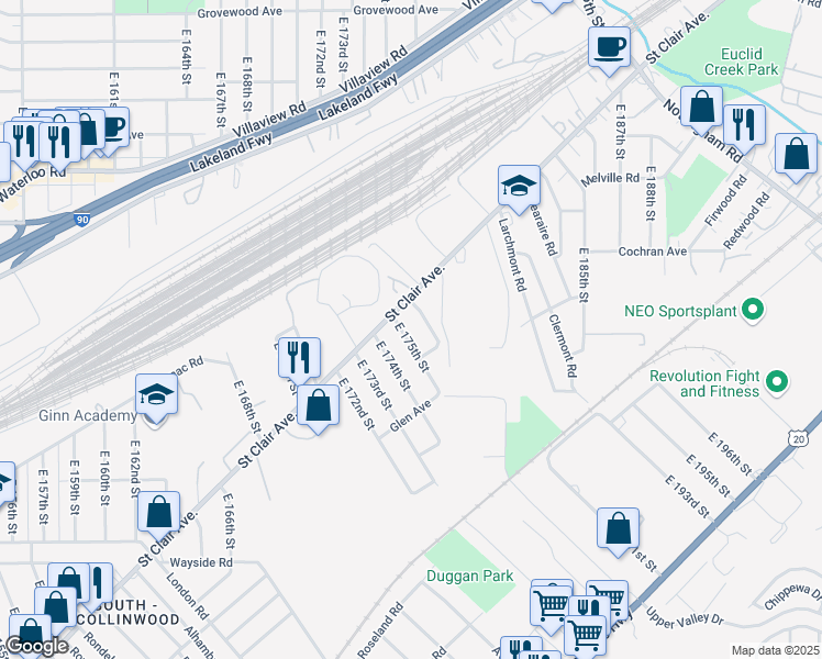 map of restaurants, bars, coffee shops, grocery stores, and more near 1430 East 176th Street in Cleveland
