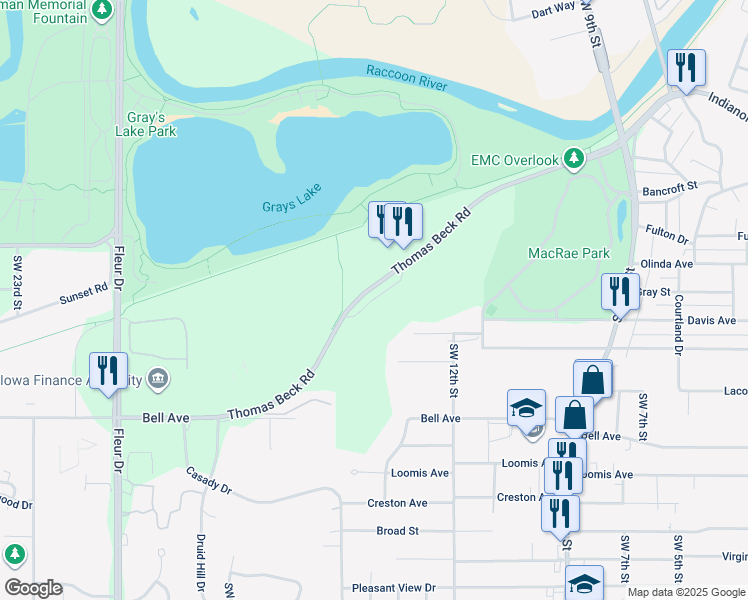 map of restaurants, bars, coffee shops, grocery stores, and more near 1405 Thomas Beck Road in Des Moines