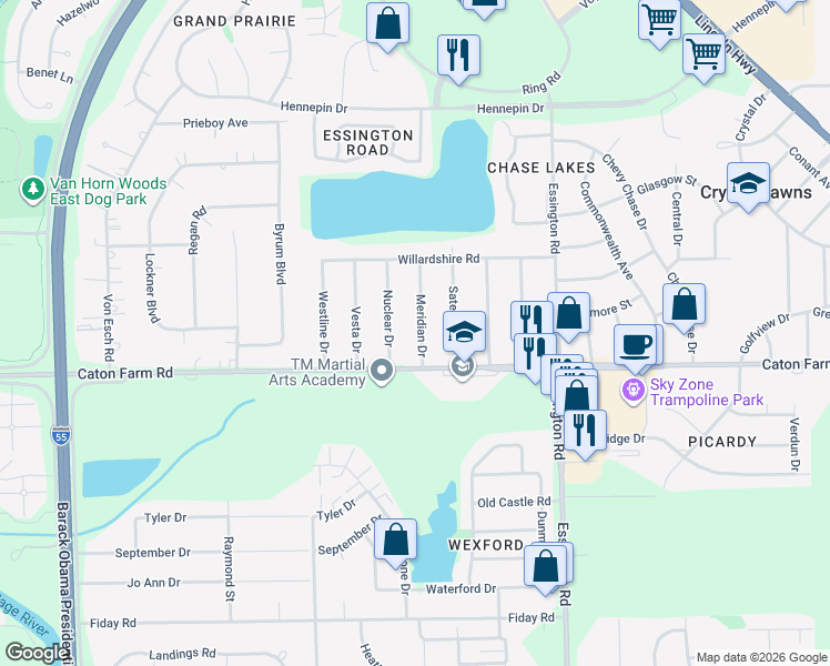 map of restaurants, bars, coffee shops, grocery stores, and more near 2409 Meridian Drive in Joliet
