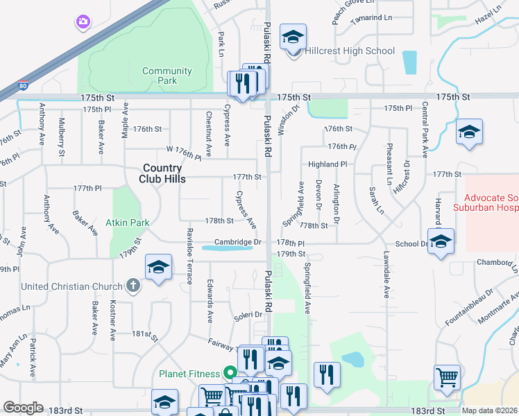 map of restaurants, bars, coffee shops, grocery stores, and more near 17740 Crawford Avenue in Country Club Hills