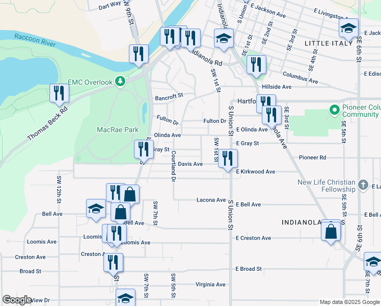 map of restaurants, bars, coffee shops, grocery stores, and more near 404 Gray Street in Des Moines