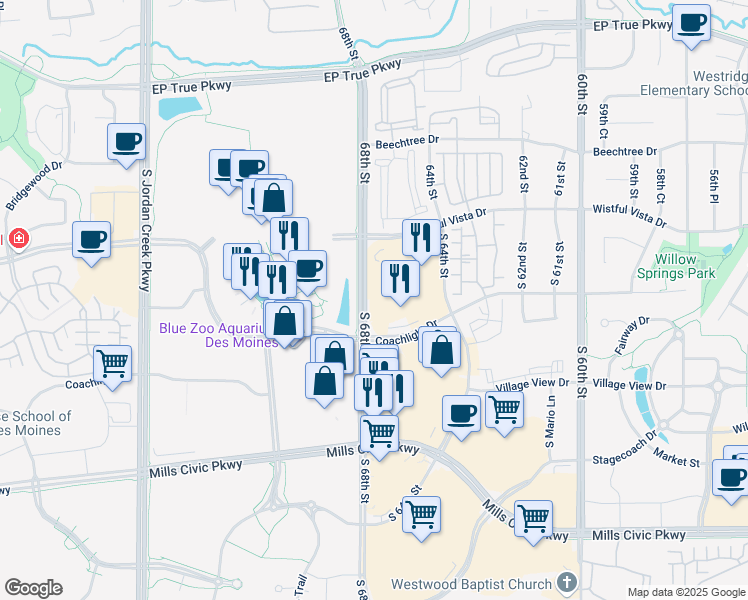 map of restaurants, bars, coffee shops, grocery stores, and more near 230 South 68th Street in West Des Moines