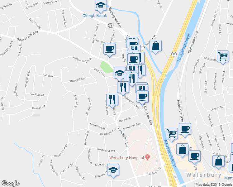 map of restaurants, bars, coffee shops, grocery stores, and more near 10 Woodruff Street in Waterbury