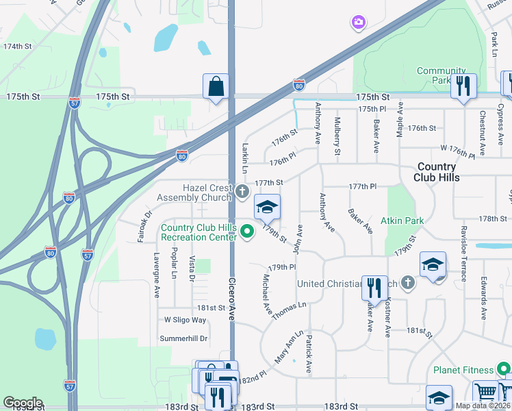 map of restaurants, bars, coffee shops, grocery stores, and more near 17800 Michael Avenue in Country Club Hills