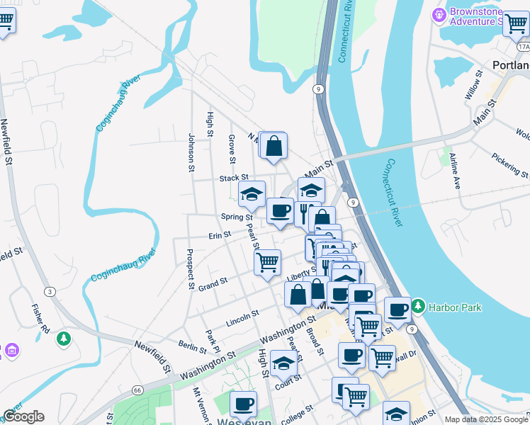 map of restaurants, bars, coffee shops, grocery stores, and more near 46 Spring Street in Middletown