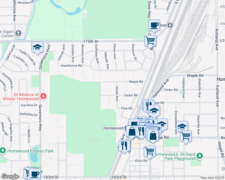 map of restaurants, bars, coffee shops, grocery stores, and more near 17756 Howe Ave in Homewood