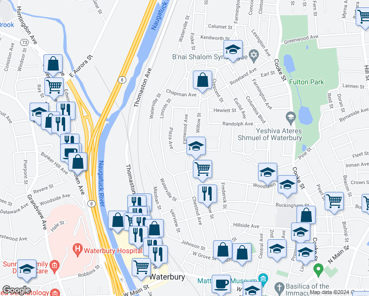map of restaurants, bars, coffee shops, grocery stores, and more near 36 Plaza Avenue in Waterbury