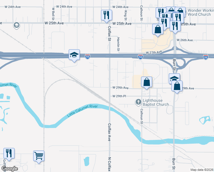map of restaurants, bars, coffee shops, grocery stores, and more near 6218 West 29th Avenue in Gary