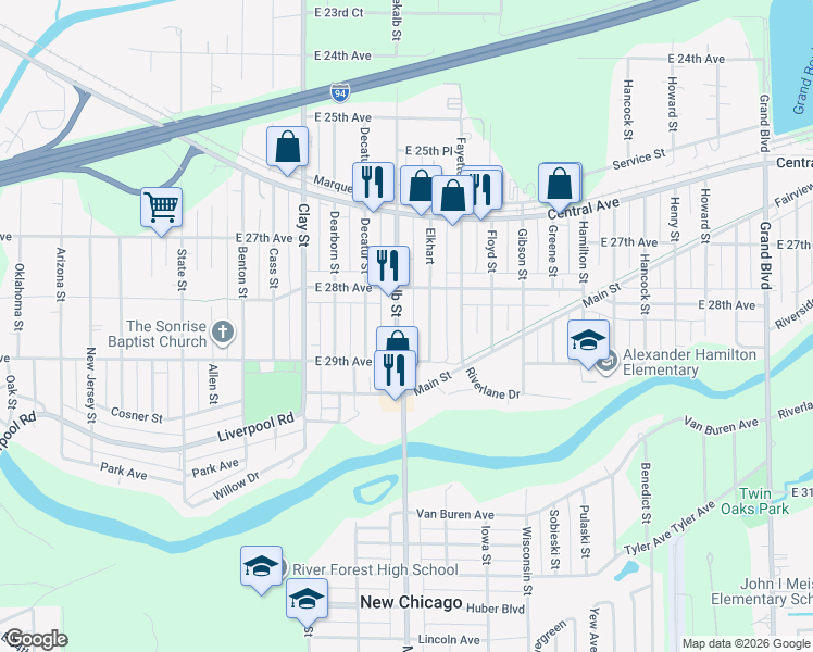map of restaurants, bars, coffee shops, grocery stores, and more near 2837 Dekalb Street in Lake Station