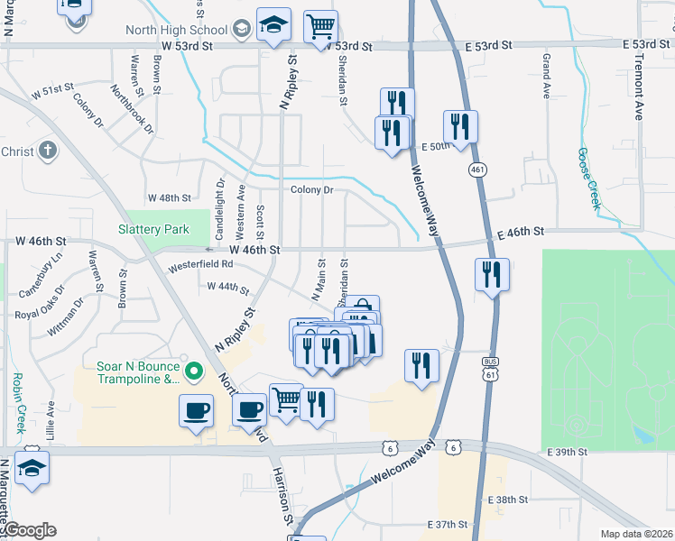 map of restaurants, bars, coffee shops, grocery stores, and more near 4559 Sheridan Street in Davenport