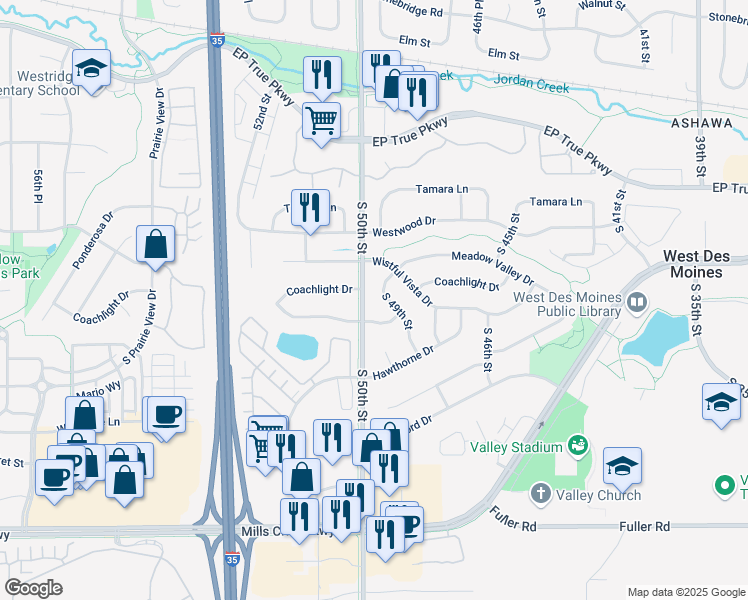 map of restaurants, bars, coffee shops, grocery stores, and more near 284 South 50th Street in West Des Moines