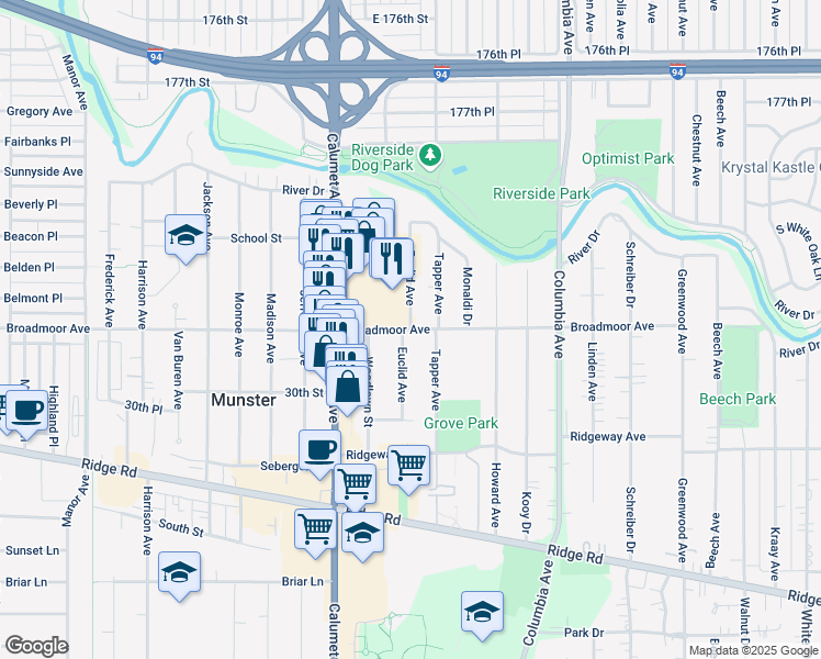 map of restaurants, bars, coffee shops, grocery stores, and more near 920 Broadmoor Avenue in Munster