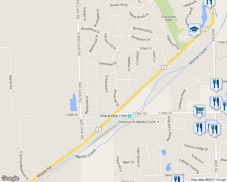 map of restaurants, bars, coffee shops, grocery stores, and more near 17746 Brook Hill Drive in Orland Park