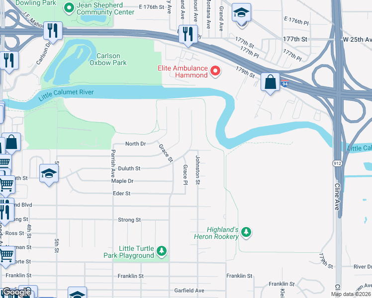 map of restaurants, bars, coffee shops, grocery stores, and more near 8052 Duluth Street in Highland