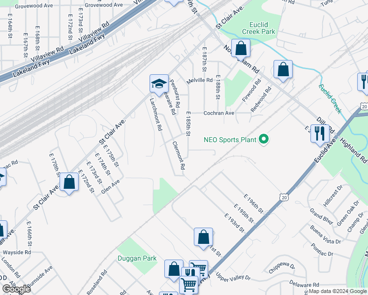 map of restaurants, bars, coffee shops, grocery stores, and more near 1474 E 185th St in Cleveland