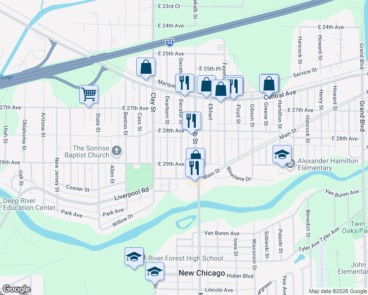 map of restaurants, bars, coffee shops, grocery stores, and more near 2845 Decatur Street in Gary