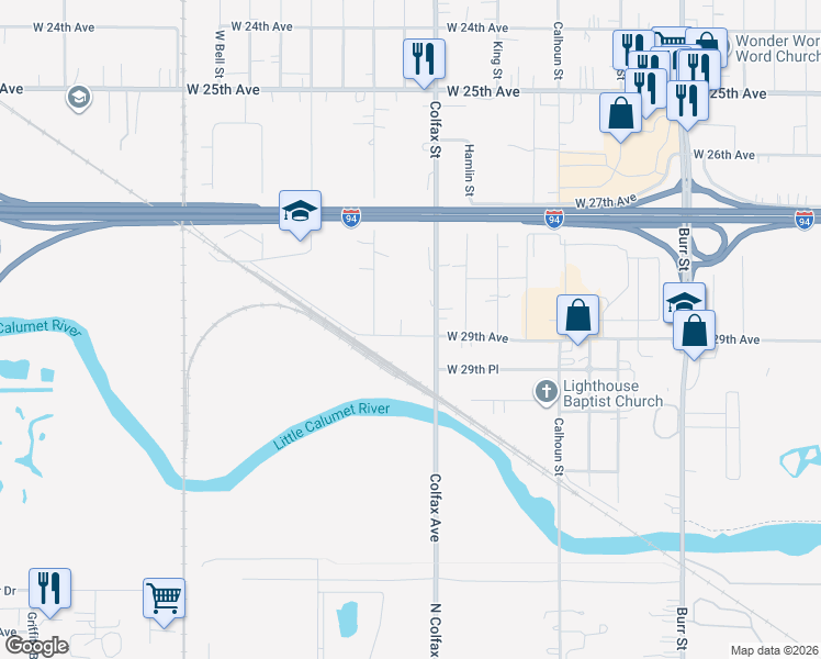 map of restaurants, bars, coffee shops, grocery stores, and more near 6218 West 29th Avenue in Gary