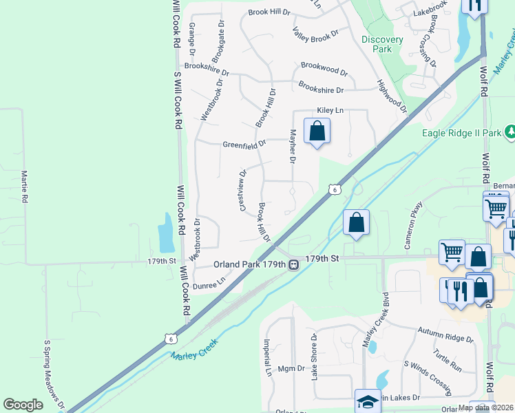 map of restaurants, bars, coffee shops, grocery stores, and more near 17746 Brook Hill Drive in Orland Park