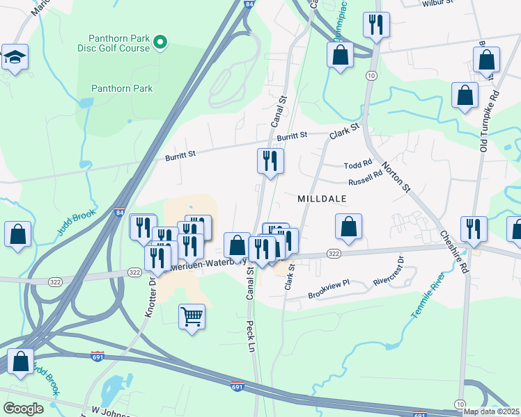 map of restaurants, bars, coffee shops, grocery stores, and more near 409 Canal Street in Southington